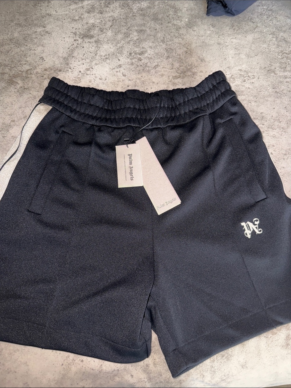 Palm Angels Black Track Shorts with White Script Logo